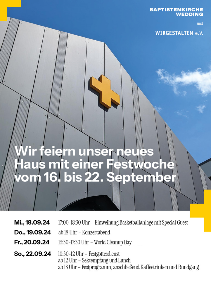 Plakat mit Programmpunkten der Festwoche (siehe Newstext). Der Giebel des Neubaus mit einem gelben Kreuz ist zu sehen.